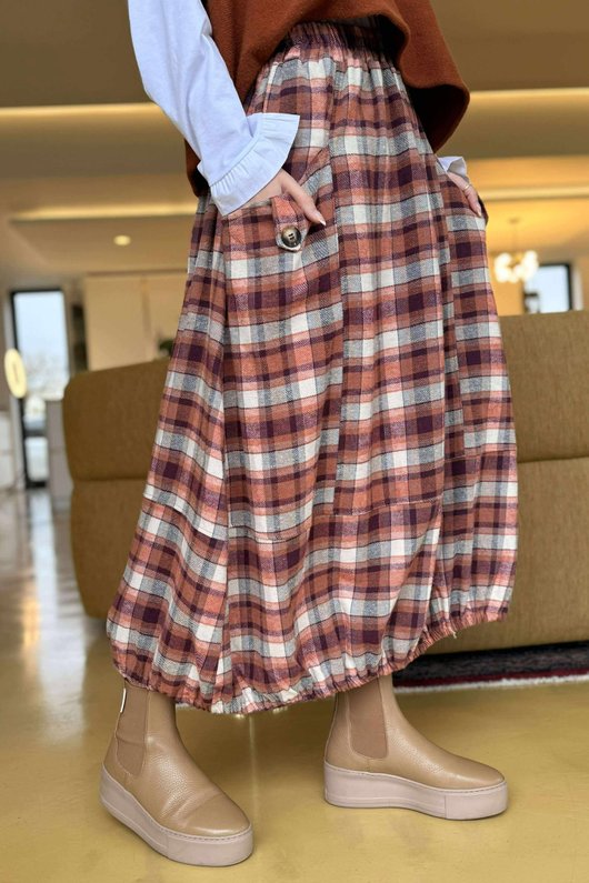 Roberta Plaid Brushed Cotton Balloon Hem Skirt Amber
